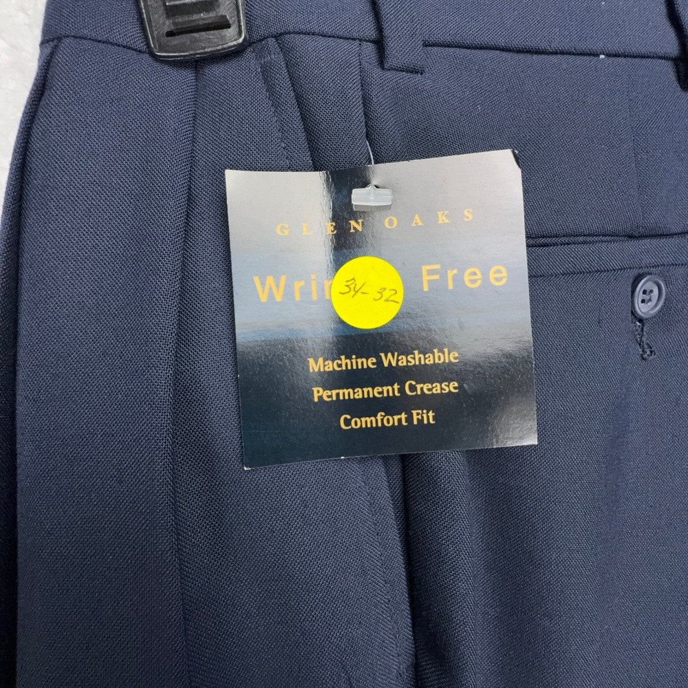 Glen Oaks Men Wrinkle Free Comfort Fit Pleated Dress Pants Blue 34x32 Wool Blend